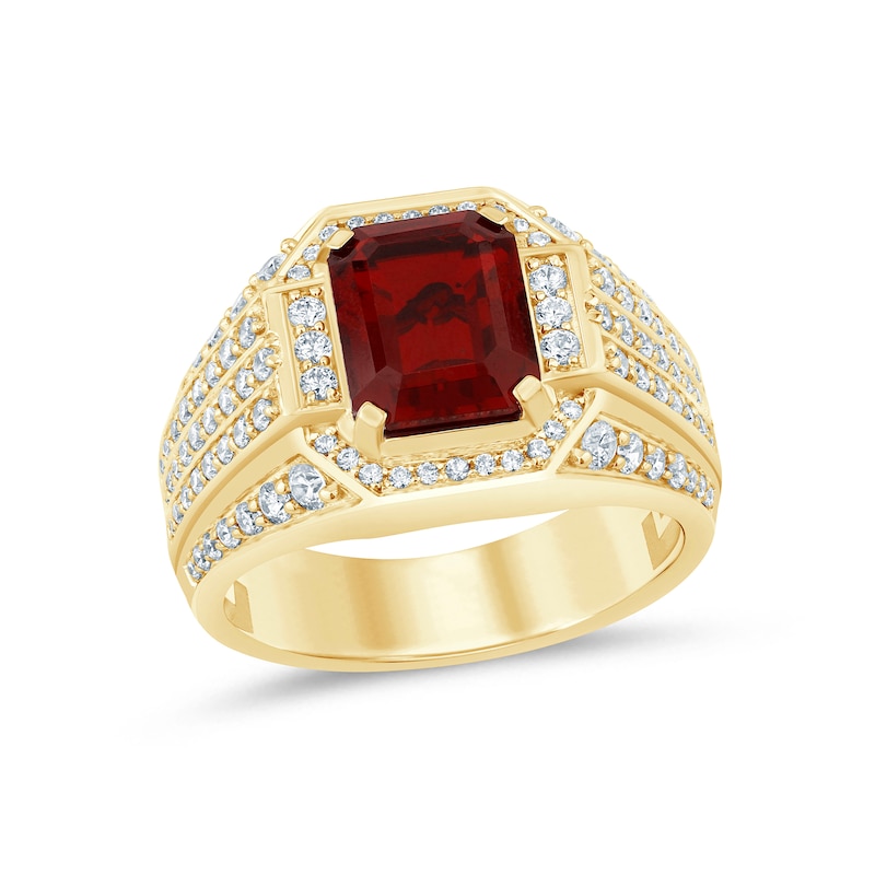 Main Image 1 of Men’s Emerald-Cut Lab-Created Ruby and 1 CT. T.W Certified Lab-Created Diamond Multi-Row Shank Ring in 10K Gold