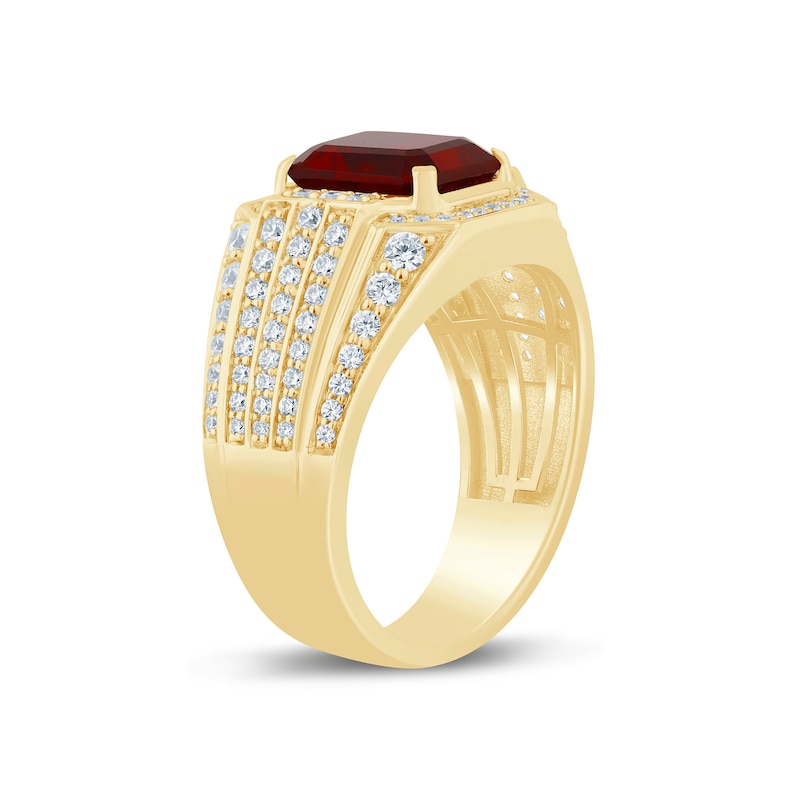 Main Image 2 of Men’s Emerald-Cut Lab-Created Ruby and 1 CT. T.W Certified Lab-Created Diamond Multi-Row Shank Ring in 10K Gold