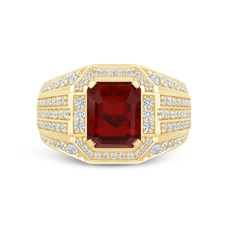 Main Image 3 of Men’s Emerald-Cut Lab-Created Ruby and 1 CT. T.W Certified Lab-Created Diamond Multi-Row Shank Ring in 10K Gold