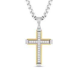 1/2 CT. T.W. Diamond Cross Pendant in Stainless Steel and Yellow Ion Plate - 24&quot;