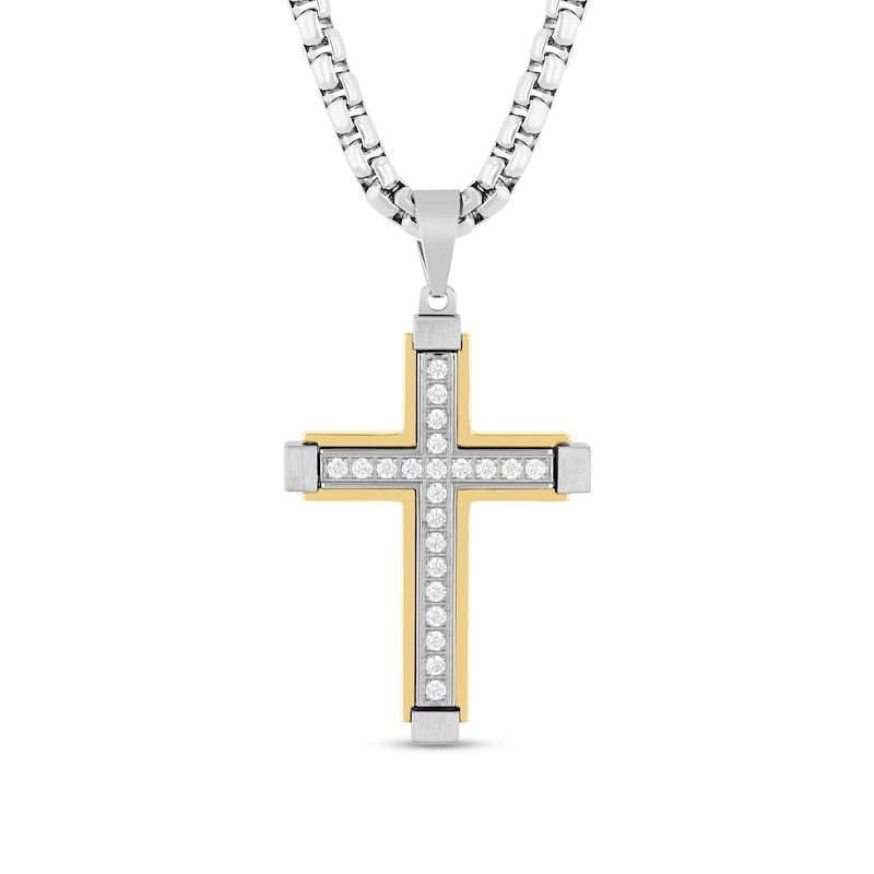 Main Image 1 of 1/2 CT. T.W. Diamond Cross Pendant in Stainless Steel and Yellow Ion Plate - 24&quot;