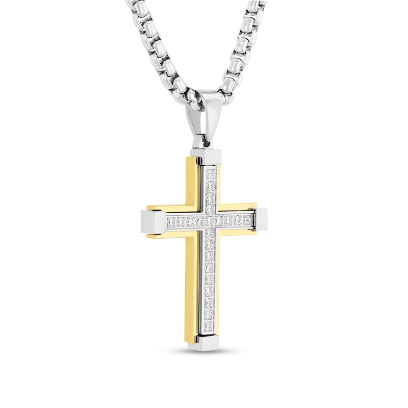 Main Image 2 of 1/2 CT. T.W. Diamond Cross Pendant in Stainless Steel and Yellow Ion Plate - 24&quot;