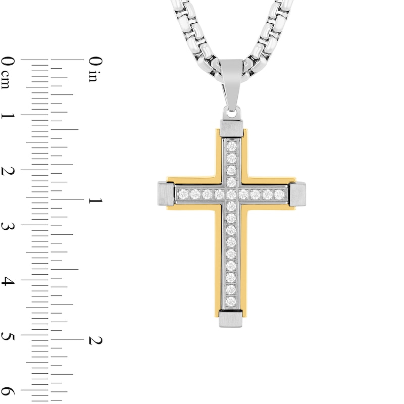 Main Image 4 of 1/2 CT. T.W. Diamond Cross Pendant in Stainless Steel and Yellow Ion Plate - 24&quot;