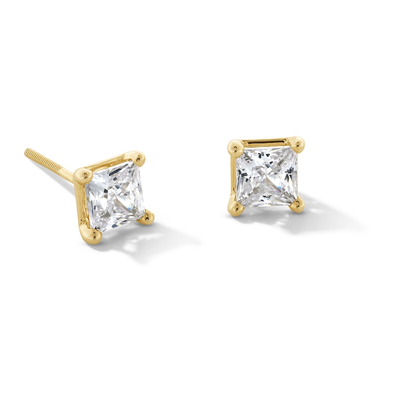 Main Image 1 of 1-1/2 CT. T.W. Princess-Cut Certified Lab-Created Diamond Solitaire Stud Earrings in 14K Gold (F/SI2)