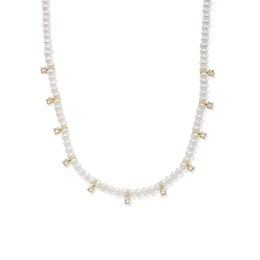 Freshwater Cultured Pearl and White Lab-Created Sapphire Station Strand Necklace in Sterling Silver with 18K Gold Plate