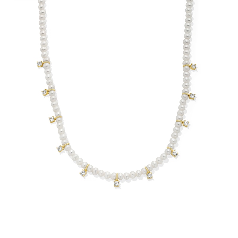 Main Image 1 of Freshwater Cultured Pearl and White Lab-Created Sapphire Station Strand Necklace in Sterling Silver with 18K Gold Plate