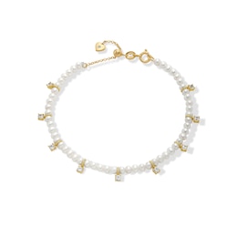 Freshwater Cultured Pearl and White Lab-Created Sapphire Station Strand Bracelet in Sterling Silver with 18K Gold Plate