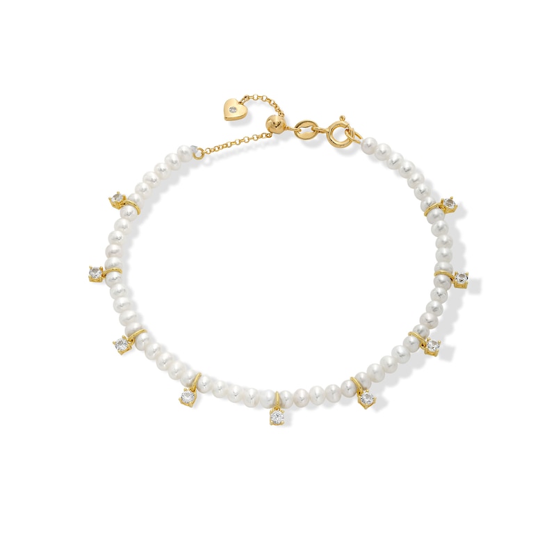 Main Image 1 of Freshwater Cultured Pearl and White Lab-Created Sapphire Station Strand Bracelet in Sterling Silver with 18K Gold Plate