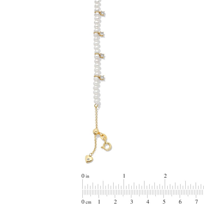 Main Image 2 of Freshwater Cultured Pearl and White Lab-Created Sapphire Station Strand Bracelet in Sterling Silver with 18K Gold Plate