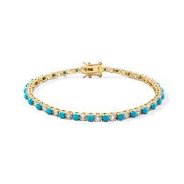 Turquoise and White Lab-Created Sapphire Alternating Line Bracelet in Sterling Silver with 18K Gold Plate - 7.25&quot;