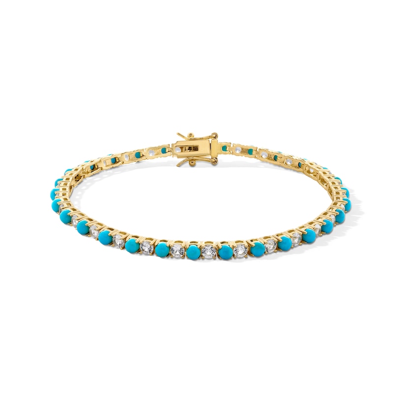 Main Image 1 of Turquoise and White Lab-Created Sapphire Alternating Line Bracelet in Sterling Silver with 18K Gold Plate - 7.25&quot;