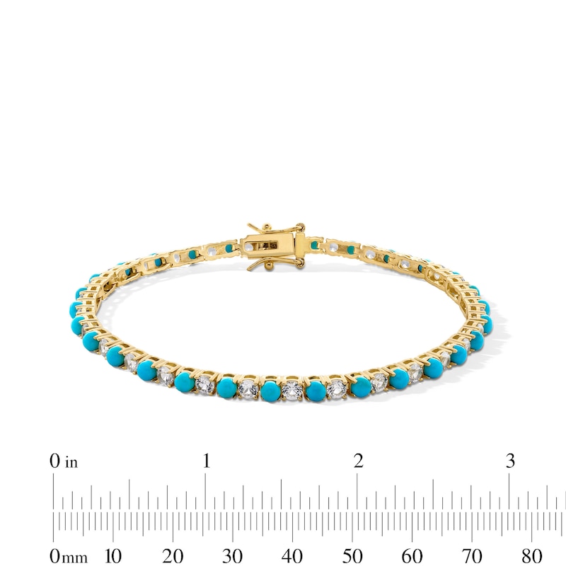 Main Image 4 of Turquoise and White Lab-Created Sapphire Alternating Line Bracelet in Sterling Silver with 18K Gold Plate - 7.25&quot;