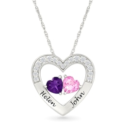 Couple's 5.0mm Birthstone and White Lab-Created Sapphire Heart Pendant in Sterling Silver (2 Stones and Names)