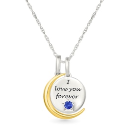 Birthstone Engravable Crescent and Full Moon Double Charm Pendant in Sterling Silver and 10K Gold (1 Stone and 3 Lines)