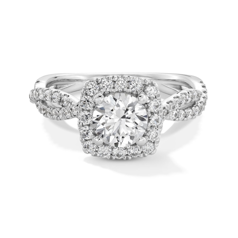 Main Image 1 of 1-1/2 CT. T.W. Certified Lab-Created Diamond Cushion Frame Twist Shank Engagement Ring in 14K White Gold (F/SI2)