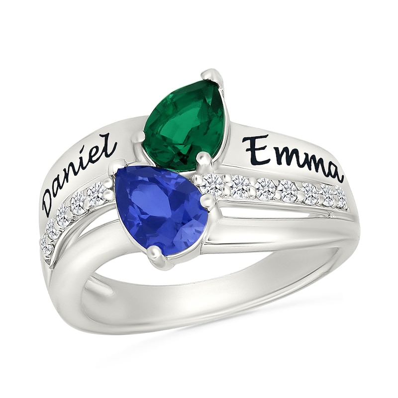 Main Image 1 of Couple's Pear-Shaped Birthstone and White Lab-Created Sapphire Triple Row Ring in Sterling Silver (2 Stones and Names)