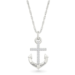 White Lab-Created Sapphire Engravable Cross Anchor Pendant in Sterling Silver (2 Lines)