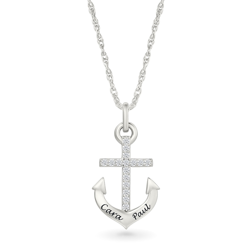 Main Image 1 of White Lab-Created Sapphire Engravable Cross Anchor Pendant in Sterling Silver (2 Lines)