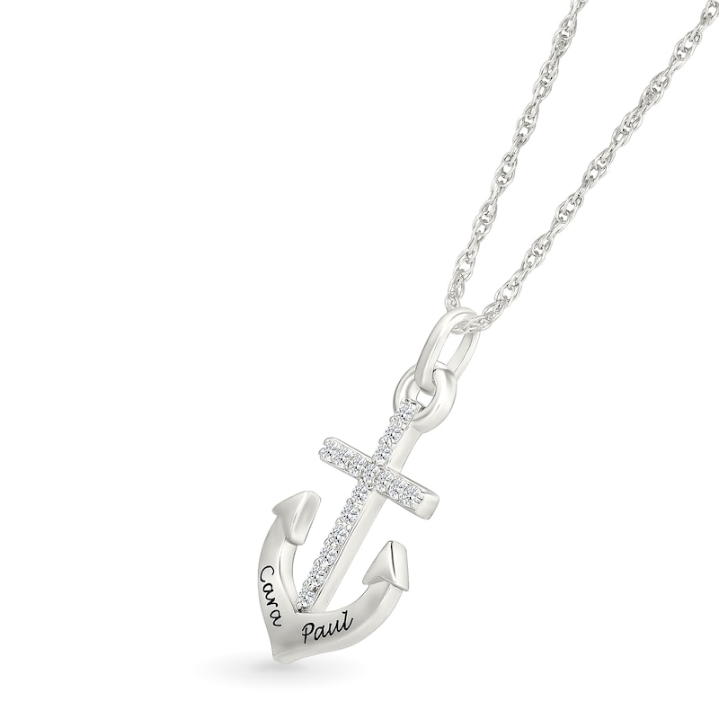 Main Image 2 of White Lab-Created Sapphire Engravable Cross Anchor Pendant in Sterling Silver (2 Lines)