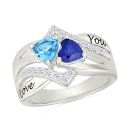 Couple's Heart-Shaped Birthstone and White Lab-Created Sapphire Multi-Row Ring in Sterling Silver (2 Stones and Names)