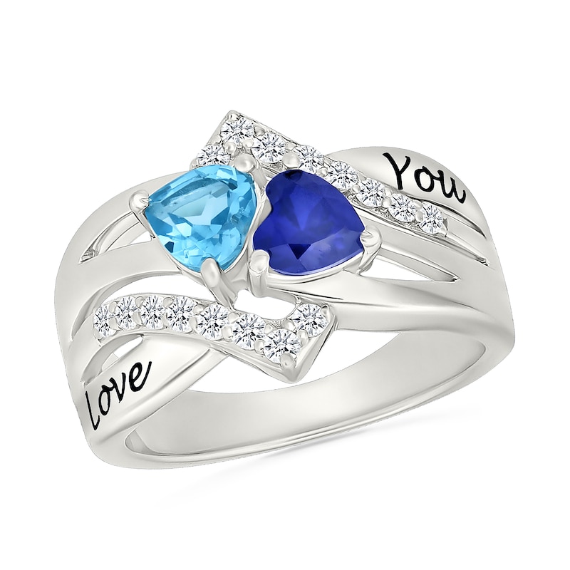 Main Image 1 of Couple's Heart-Shaped Birthstone and White Lab-Created Sapphire Multi-Row Ring in Sterling Silver (2 Stones and Names)