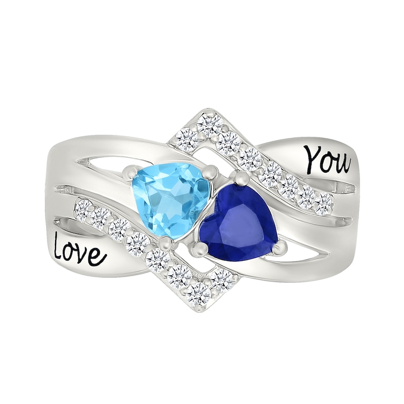 Main Image 2 of Couple's Heart-Shaped Birthstone and White Lab-Created Sapphire Multi-Row Ring in Sterling Silver (2 Stones and Names)