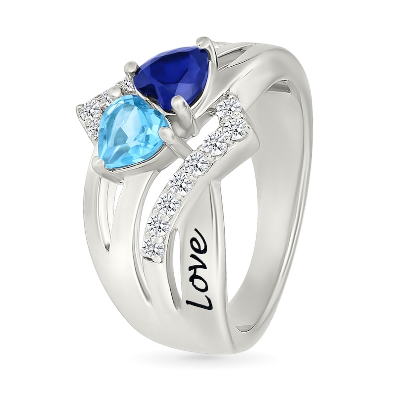 Main Image 3 of Couple's Heart-Shaped Birthstone and White Lab-Created Sapphire Multi-Row Ring in Sterling Silver (2 Stones and Names)