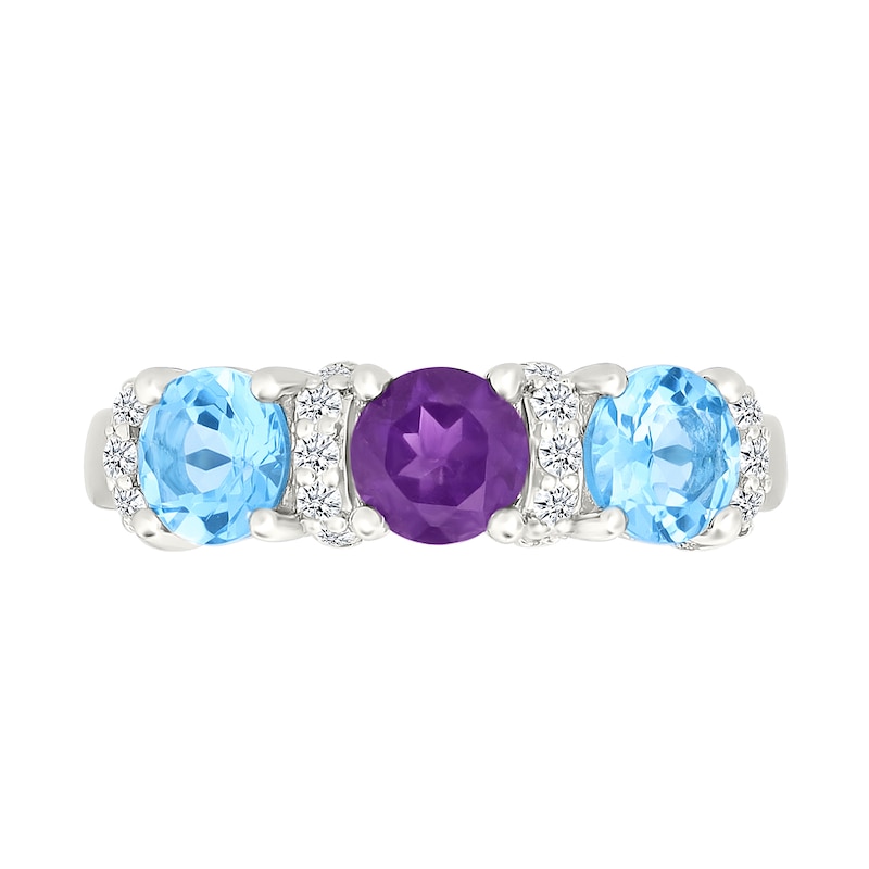 Main Image 2 of Birthstone and White Lab-Created Sapphire Collar Engravable Ring in Sterling Silver (3 Stones and 1 Line)