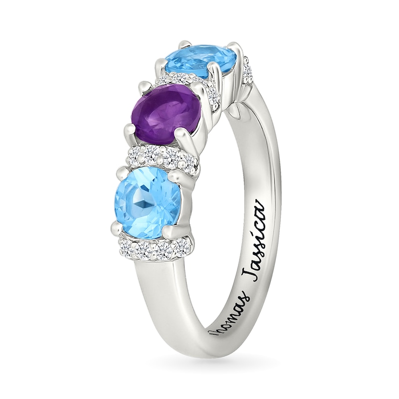 Main Image 3 of Birthstone and White Lab-Created Sapphire Collar Engravable Ring in Sterling Silver (3 Stones and 1 Line)