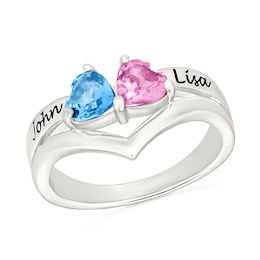 Couple's 5.0mm Heart-Shaped Birthstone Engravable Chevron Ring in Sterling Silver (2 Stones and Names)