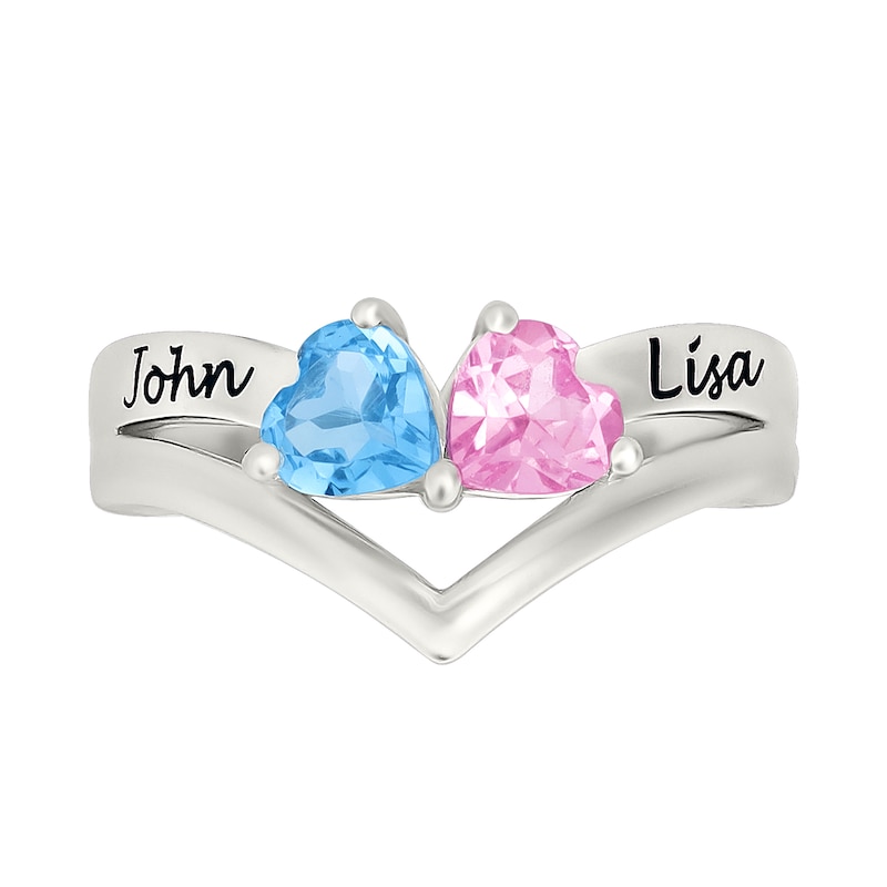 Main Image 2 of Couple's 5.0mm Heart-Shaped Birthstone Engravable Chevron Ring in Sterling Silver (2 Stones and Names)