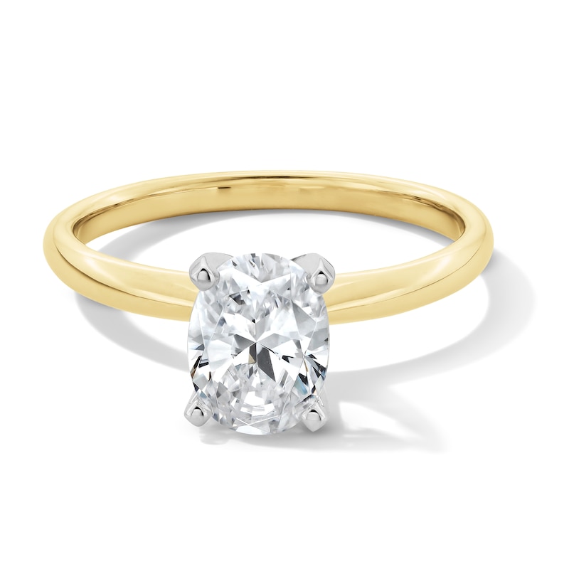 Main Image 1 of 1-1/2 CT. Oval Certified Lab-Created Diamond Solitaire Engagement Ring in 14K Two-Tone Gold (F/VS2)