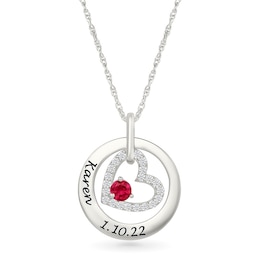 Birthstone and White Lab-Created Sapphire Engravable Heart in Circle Pendant in Sterling Silver (1 Stone and 2 Lines)