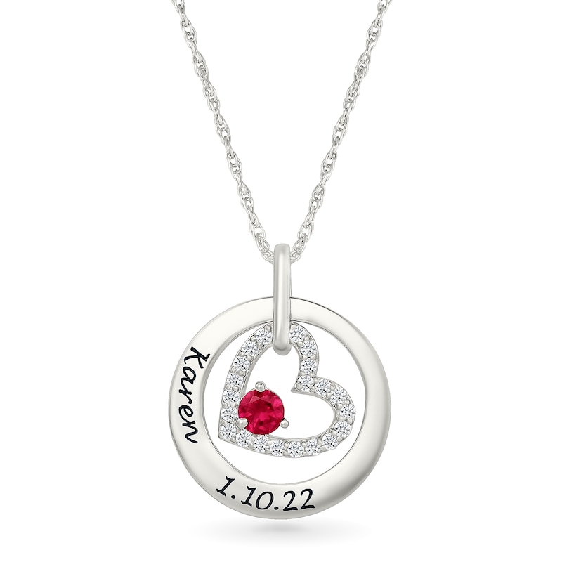 Main Image 1 of Birthstone and White Lab-Created Sapphire Engravable Heart in Circle Pendant in Sterling Silver (1 Stone and 2 Lines)