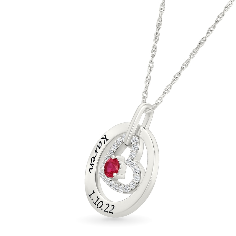 Main Image 2 of Birthstone and White Lab-Created Sapphire Engravable Heart in Circle Pendant in Sterling Silver (1 Stone and 2 Lines)