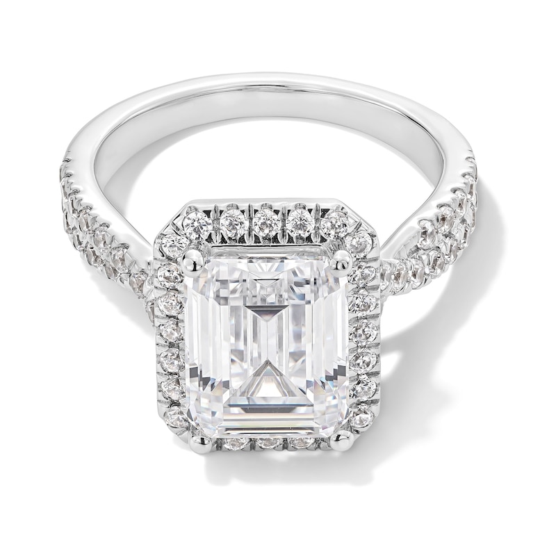 Main Image 1 of 4-3/4 CT. T.W. Emerald-Cut Certified Lab-Created Diamond Frame Twist Shank Engagement Ring in 14K White Gold (F/VS2)