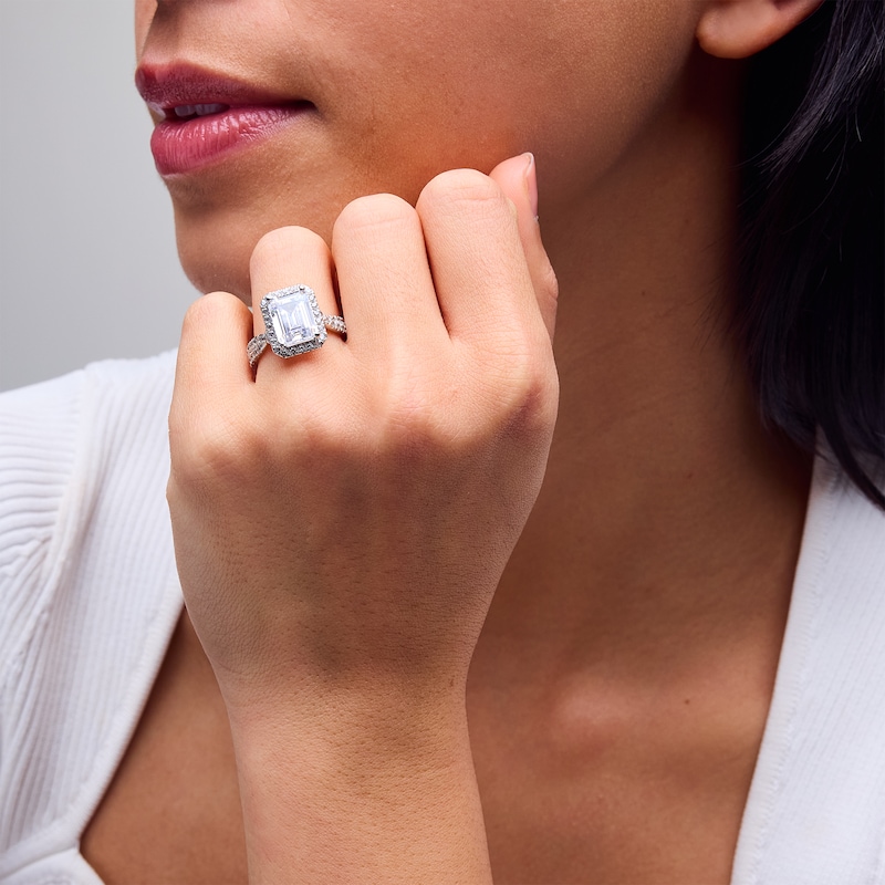 Main Image 2 of 4-3/4 CT. T.W. Emerald-Cut Certified Lab-Created Diamond Frame Twist Shank Engagement Ring in 14K White Gold (F/VS2)