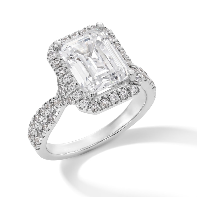 Main Image 2 of 4-3/4 CT. T.W. Emerald-Cut Certified Lab-Created Diamond Frame Twist Shank Engagement Ring in 14K White Gold (F/VS2)