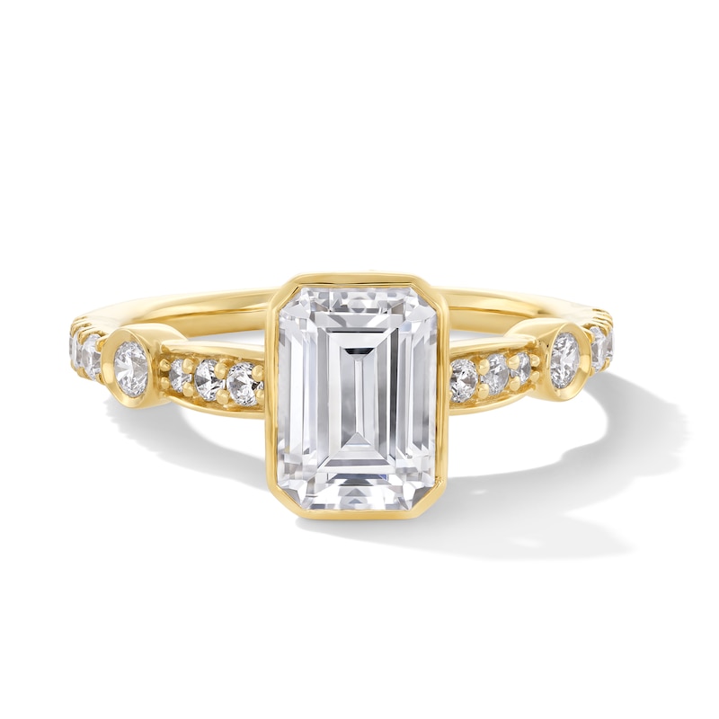 Main Image 1 of 2-1/2 CT. T.W. Emerald-Cut Certified Lab-Created Diamond Bezel-Set Engagement Ring in 14K Gold (F/VS2)