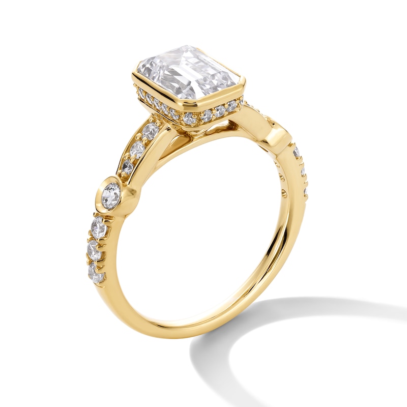 Main Image 3 of 2-1/2 CT. T.W. Emerald-Cut Certified Lab-Created Diamond Bezel-Set Engagement Ring in 14K Gold (F/VS2)