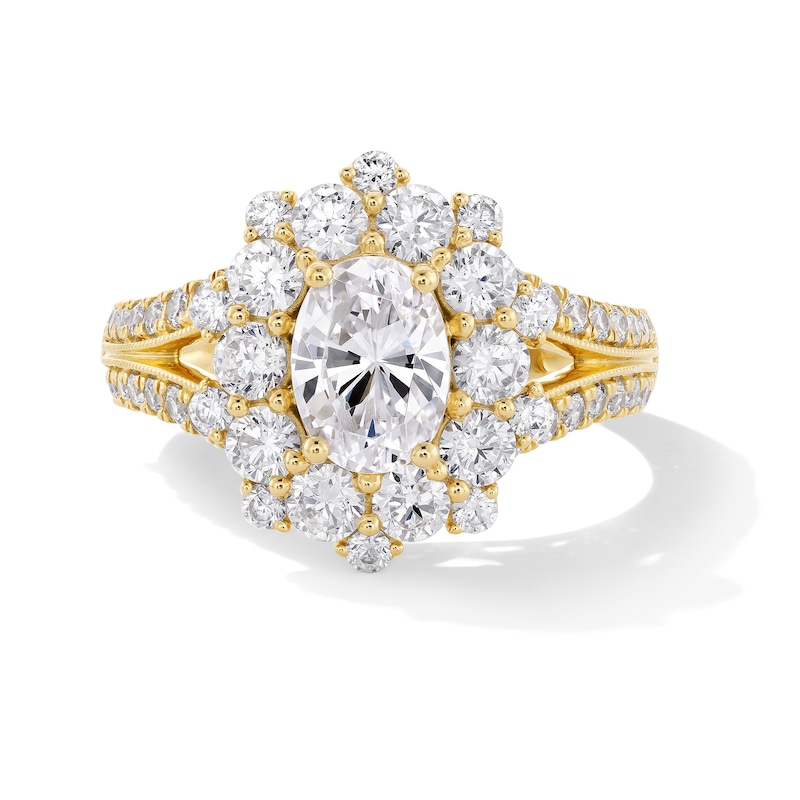 Main Image 1 of 2-1/2 CT. T.W. Oval and Round Certified Lab-Created Diamond Frame Split Shank Engagement Ring in 14K Gold (F/VS2)