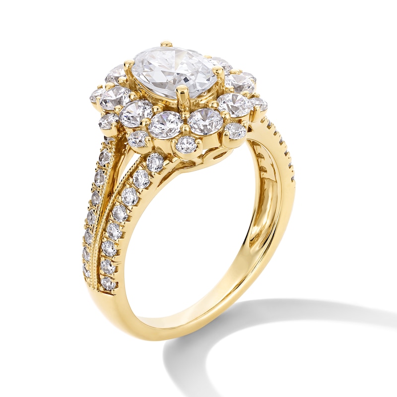 Main Image 3 of 2-1/2 CT. T.W. Oval and Round Certified Lab-Created Diamond Frame Split Shank Engagement Ring in 14K Gold (F/VS2)