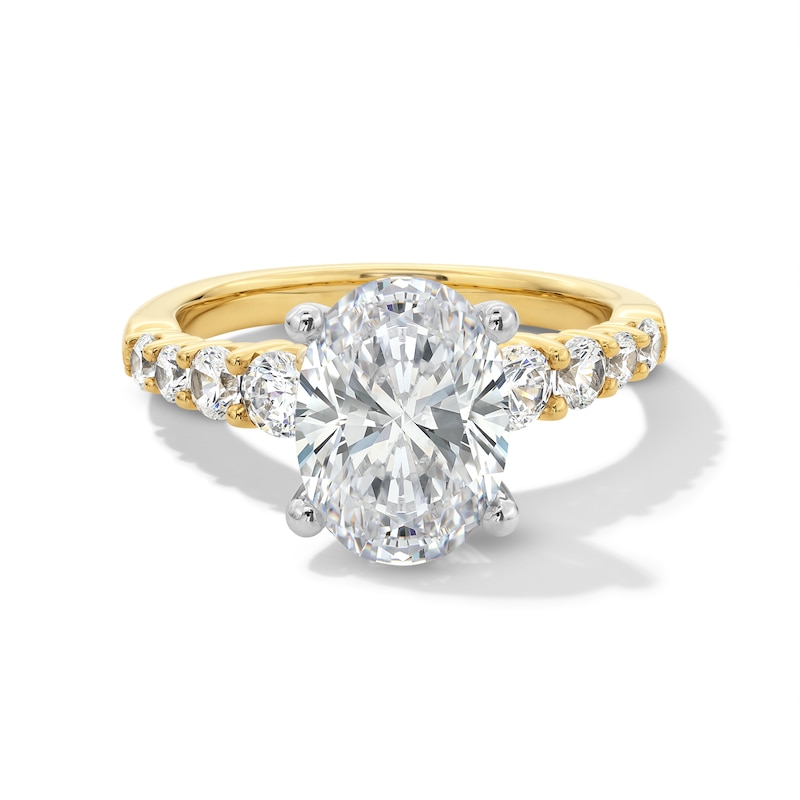 Main Image 1 of 3-3/4 CT. T.W. Oval Certified Lab-Created Diamond Graduated Shank Engagement Ring in 14K Gold (I/SI2)