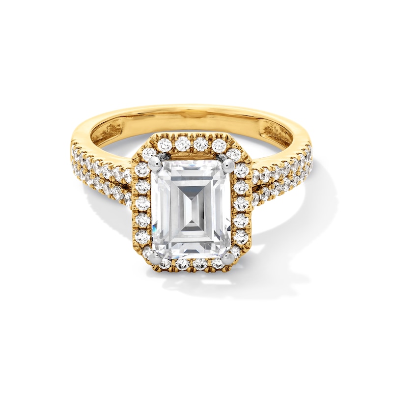 Main Image 1 of 3-1/2 CT. T.W. Emerald-Cut Certified Lab-Created Diamond Frame Double Row Shank Engagement Ring in 14K Gold (F/SI2)