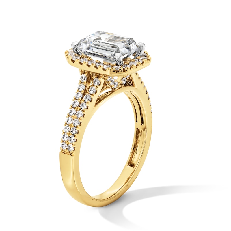 Main Image 2 of 3-1/2 CT. T.W. Emerald-Cut Certified Lab-Created Diamond Frame Double Row Shank Engagement Ring in 14K Gold (F/SI2)