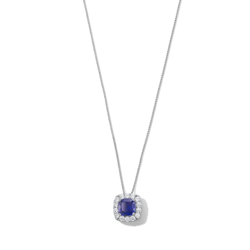 Main Image 1 of Cushion-Cut Blue Lab-Created Sapphire and 1/2 CT. T.W. Certified Lab-Created Diamond Frame Pendant in 14K White Gold