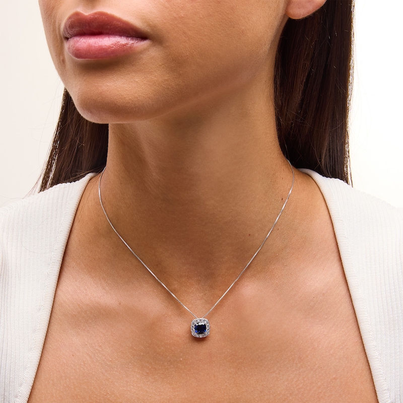 Main Image 2 of Cushion-Cut Blue Lab-Created Sapphire and 1/2 CT. T.W. Certified Lab-Created Diamond Frame Pendant in 14K White Gold