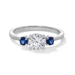 Blue Lab-Created Sapphire and 3/4 CT. Certified Lab-Created Diamond Three Stone Ring in 14K White Gold (F/VS2)