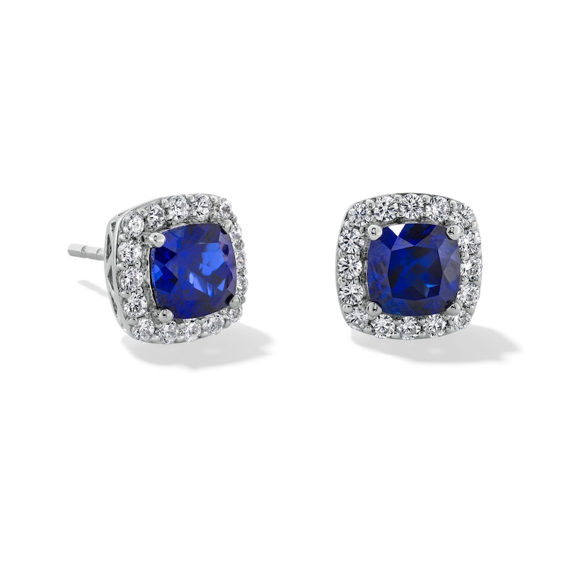 Main Image 1 of Cushion Blue Lab-Created Sapphire and 1/2 CT. T.W. Certified Lab-Created Diamond Frame Stud Earrings in 14K White Gold