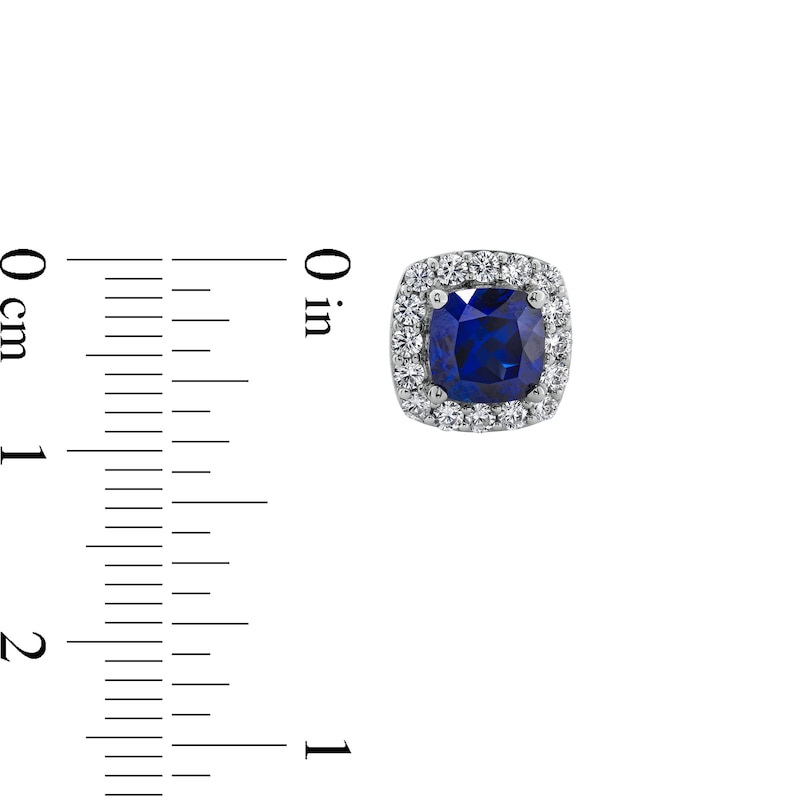 Main Image 2 of Cushion Blue Lab-Created Sapphire and 1/2 CT. T.W. Certified Lab-Created Diamond Frame Stud Earrings in 14K White Gold